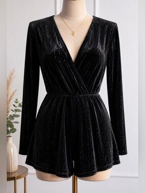 H&M Black Velvet Long-Sleeve Wrap Romper